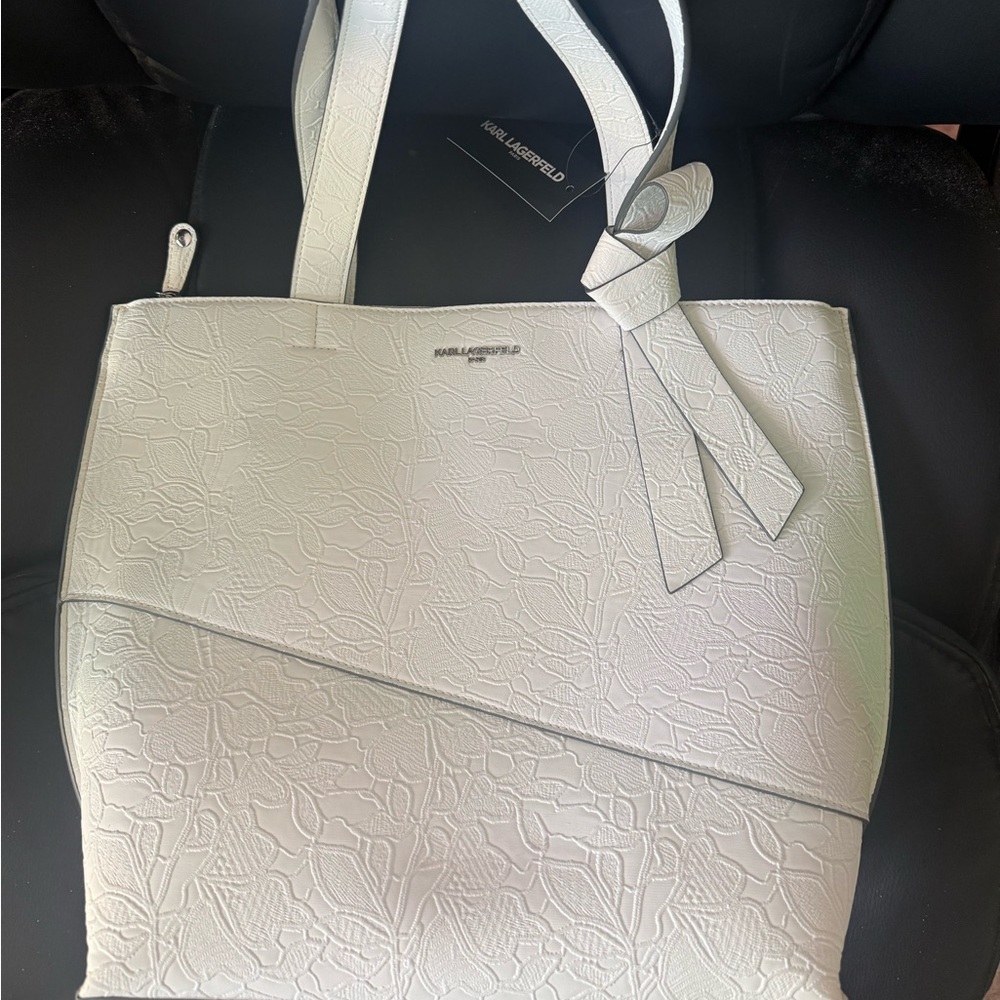 Karl Lagerfeld Cream Embossed Tote with Knot Detail